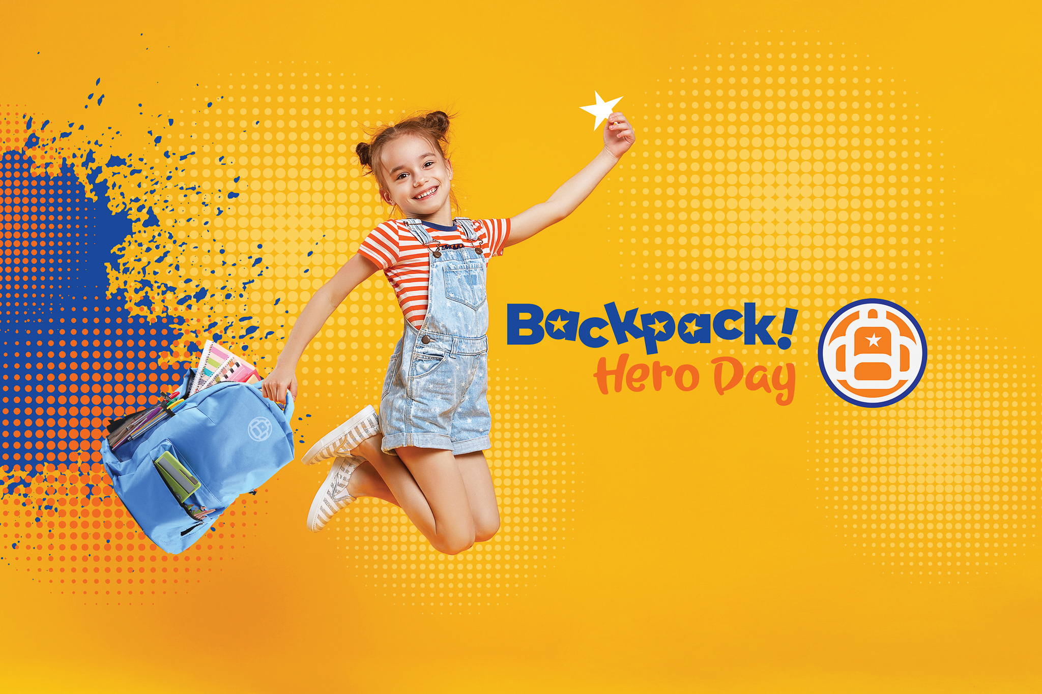 Smiling girl child jumping in air with a backpack in her right hand. The Backpack hero day logo is present to the right. The girl is very happy to receive a backpack.